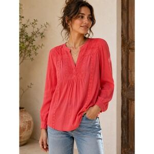 Anthropologie Leifnotes Coral Swiss Dot Embroidered‎ Lace Boho Blouse 4 Cotton